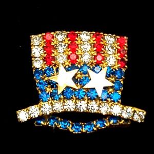 Uncle Sam Hat USA Brooch Red Blue Crystal White Star Rhinestone Patriotic Pin